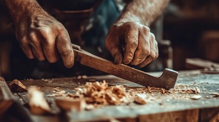 A craftsman using a hand plane on wood, creating shavings in a workshop setting.