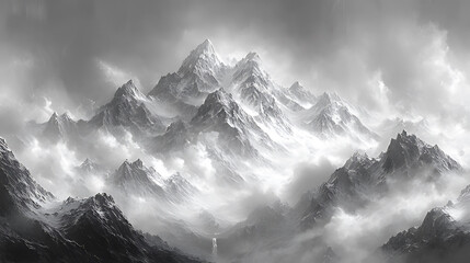 Obraz premium Majestic snow-capped peaks pierce cloudscape; dramatic monochrome landscape; digital art, ideal for fantasy or nature themes