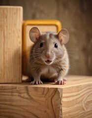 Obraz premium Brown rat peeking out from behind a wooden toy block, building blocks, natural tones