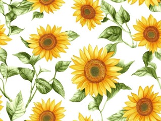Obraz premium Scattered Yellow Sunflowers with Brown Centers and Green Leaves on a Clean White Background 