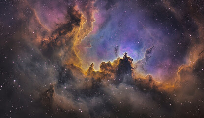 Fototapeta premium A nebula of dark purple and blue, with a light cloud in the center. The background is black space filled with stars.