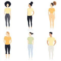 Diverse group of stylized figures in casual wear, showcasing various poses and expressions