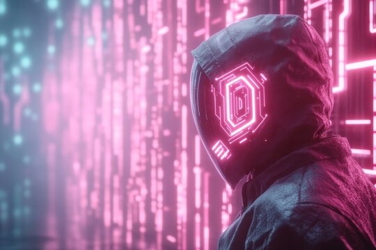 A cyberpunk-inspired depiction of glowing data streams flowing consecutively through a network of neon-lit circuits, with a hacker monitoring the process from a high-tech console