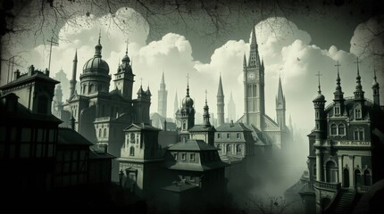 Naklejka premium Mystical Gothic Cityscape with Dramatic Architecture and Shadows