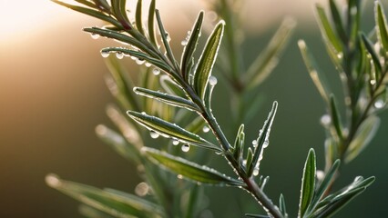 Close-Up of Fresh Rosemary Sprig with Dew in Morning Light