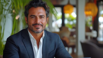 Confident man in a suit smiling at a modern caf?, surrounded by greenery and soft lighting