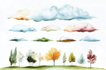 Obraz premium Watercolor illustration of various clouds and trees on a serene landscape, showcasing seasonal changes
