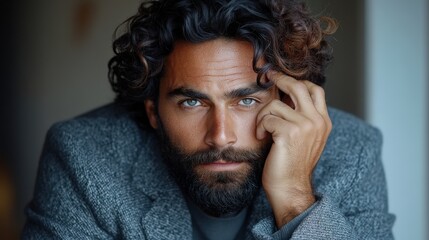 Close-up portrait of a thoughtful man with curly hair and a beard, reflecting on life indoors