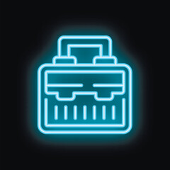 Blue neon icon of a suitcase glowing against a black background