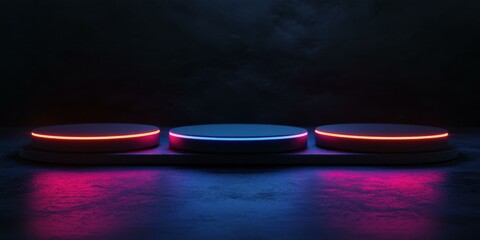 A visually striking image of three illuminated circular platforms against a dark background, ideal for technology, nightlife, or modern design themes.