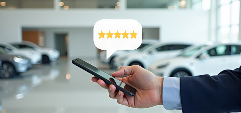A businessman sends a five-star review on the phone against the background of cars , a concept car dealership buy rent a car
