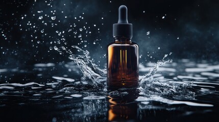 A dark glass dropper bottle splashes in water, suggesting beauty or wellness products.