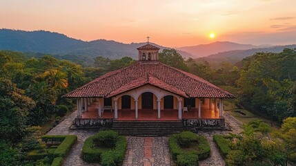 Obraz premium Sunset View of Hilltop Chapel in Lush Green Mountains