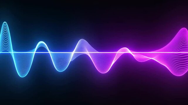Neon waves inspired by music equalizers, responding as if they represent sound waves but shaped to look like digital data lines flowing smoothly in 3D