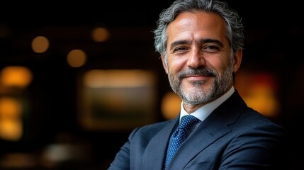 Obraz premium Confident businessman in a suit smiling in a stylish office setting with blurred background