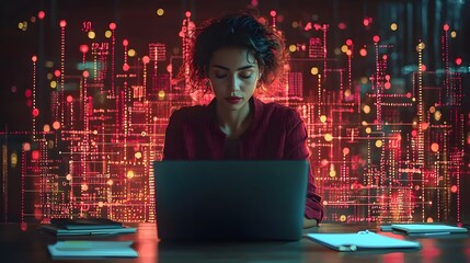 Young Woman Working on Laptop with Digital Data Visualization Background