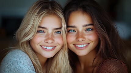 Two young women with bright blue eyes and smiling expressions pose closely together indoors