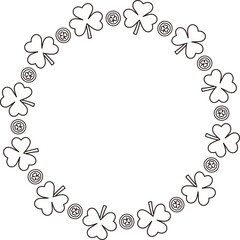 Shamrock Frame outline.
St Patrick’s day clover Wreath coloring page.
St Patrick round frame linear.
Transparent background.