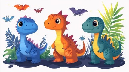 Fototapeta premium Cute cartoon dinosaurs set. Cute dinosaurs with different emotions