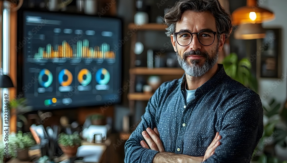 Poster professional man with beard in modern workspace with charts