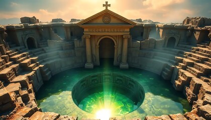 Ancient Stone Temple Ruins Surrounding Sacred Pool