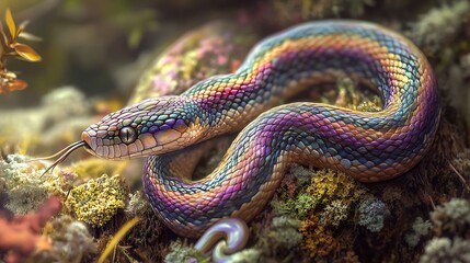 Fototapeta premium A gorgeous snake with rainbow stripes feeds on lichen