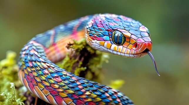A gorgeous snake with rainbow stripes feeds on lichen