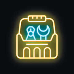 Neon icon of a toolbox glowing against a black background, potentially symbolizing construction, repair, or handyman services