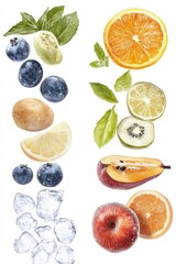 Naklejka premium Assorted Fresh Fruits and Herbs Displayed on White Background for Culinary Inspiration