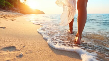 Relaxing seaside stroll at sunrise, gentle waves, sandy beach, serene atmosphere, perfect getaway for peace and tranquility seekers.