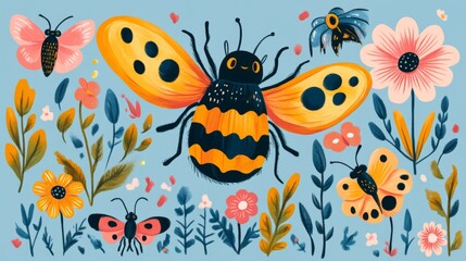 Set of different insects. Colorful vector illustration in flat style.