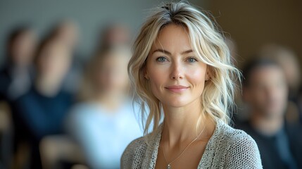Confident Young Woman Smiling at Conference with Audience in Background