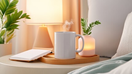 Morning Ritual: A steaming mug of coffee on a bedside table, bathed in the warm glow of morning light, ready to kickstart the day. The mug is positioned for branding.