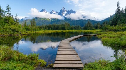 Wooden boardwalk leads to mountain lake reflecting peaks