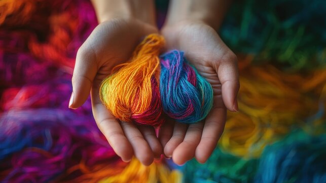 Close-up of hands holding vibrant multicolored yarn threads against a colorful background