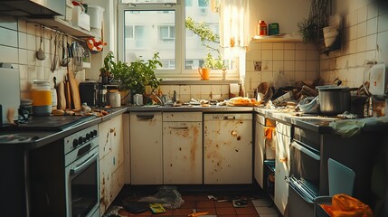 A messy and chaotic kitchen counter with an array of abandoned cooking utensils dirty dishes and other disorganized household items  The grungy