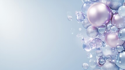 Floating Orb Symphony: A mesmerizing cluster of iridescent spheres, adorned with shimmering highlights, floats gracefully in a serene blue space, creating an abstract, ethereal ambiance.