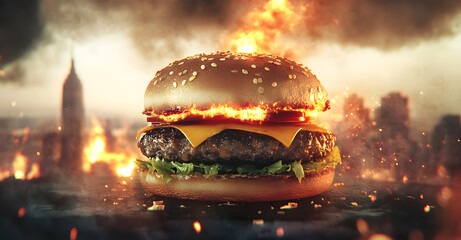 Apocalyptic Cheeseburger with Flames in a Burning City