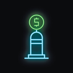 Neon sign depicting a parking meter with a dollar sign on top, evoking the concept of paid parking