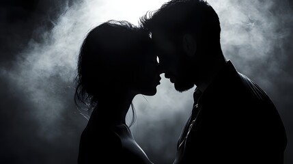 Silhouetted lovers passionately embrace in the mysterious moody fog creating a dramatic and captivating cinematic scene with a sense of intimacy emotion and suspense