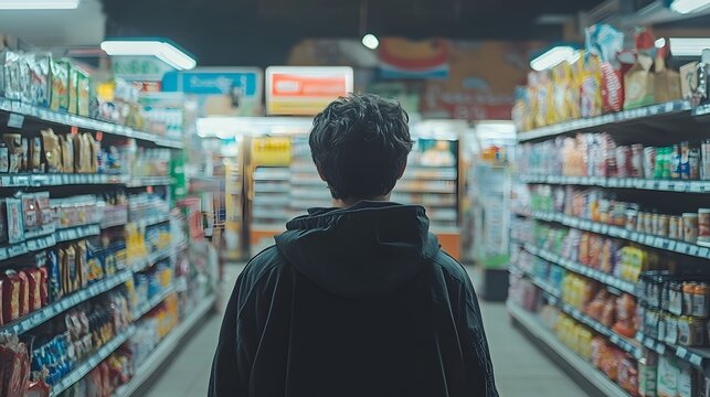 A person stands in the aisle of a convenience store browsing through the shelves of various merchandise and goods  The store layout features a typical arrangement of products