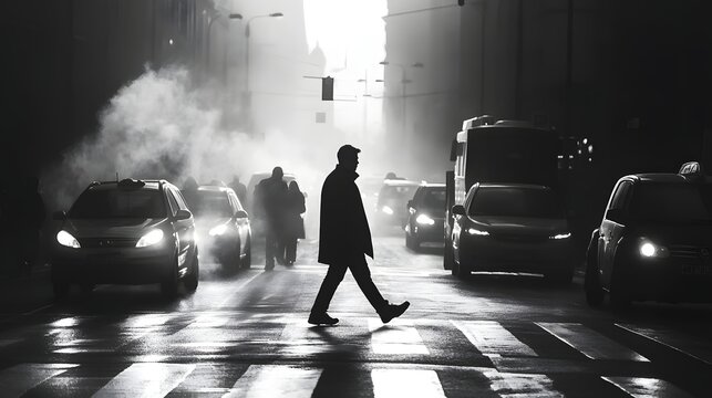 A lone pedestrian cautiously jaywalking across a misty dimly lit city street at night surrounded by the silhouettes of passing cars and the atmospheric glow of streetlights