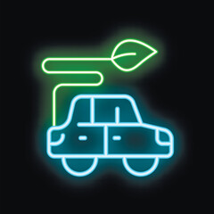 Neon icon of an eco friendly car leaving a green leaf trail symbolizing electric vehicles and sustainability