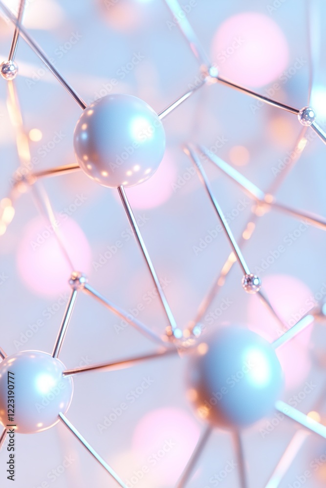 Poster glowing blue and pink nodes form an intricate neural network, interconnected by metallic lines on a 