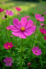 Fototapeta premium Vibrant cosmos flower in a sea of green grass, yellow, nature