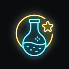 Neon sign is glowing in the dark, showing a chemical flask with a shining star above, symbolizing a scientific discovery or innovation