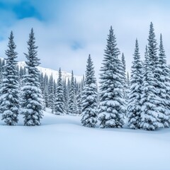 Naklejka premium A serene winter landscape featuring snow-covered evergreen trees set against a cloudy sky, creating a tranquil and picturesque scene.