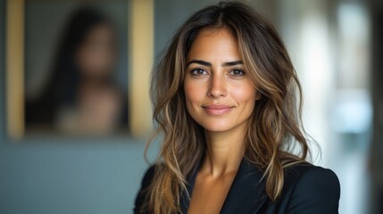 Portrait of a confident woman in a stylish outfit with a blurred background showcasing elegance
