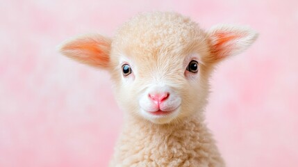 Cute lamb portrait, pink background, spring, farm animal