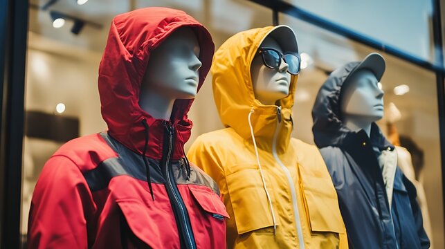 Clothing store mannequin models wearing bibs and windbreakers